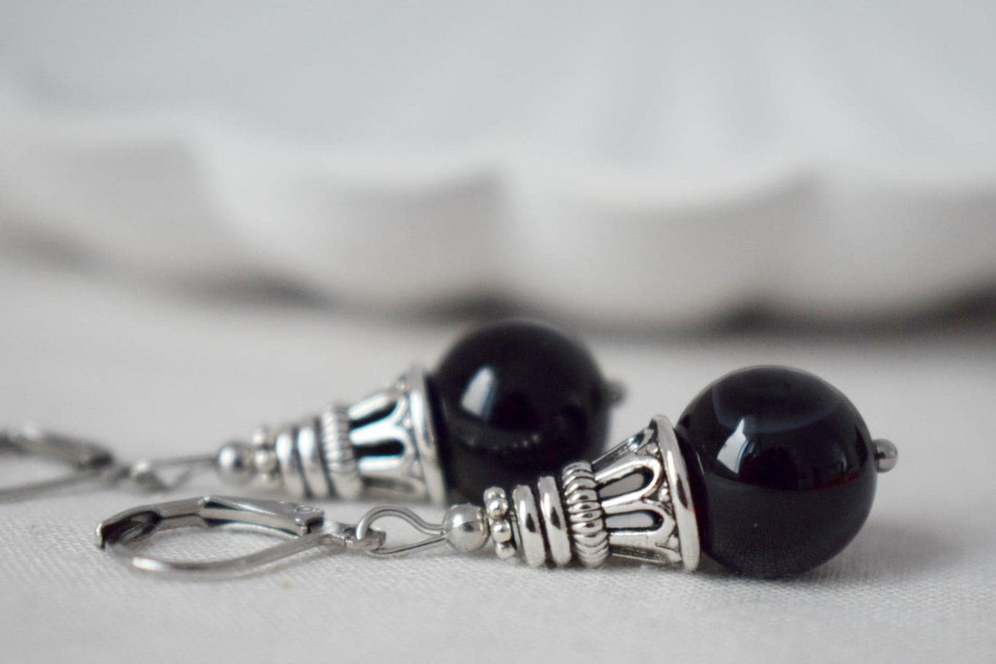 Black agate earrings, Boho gemstone drop earrings, Vintage stone dangle earrings for women, Handmade ethnic jewelry, Gift for her