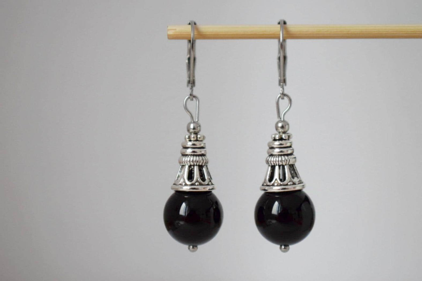 Black agate earrings, Boho gemstone drop earrings, Vintage stone dangle earrings for women, Handmade ethnic jewelry, Gift for her