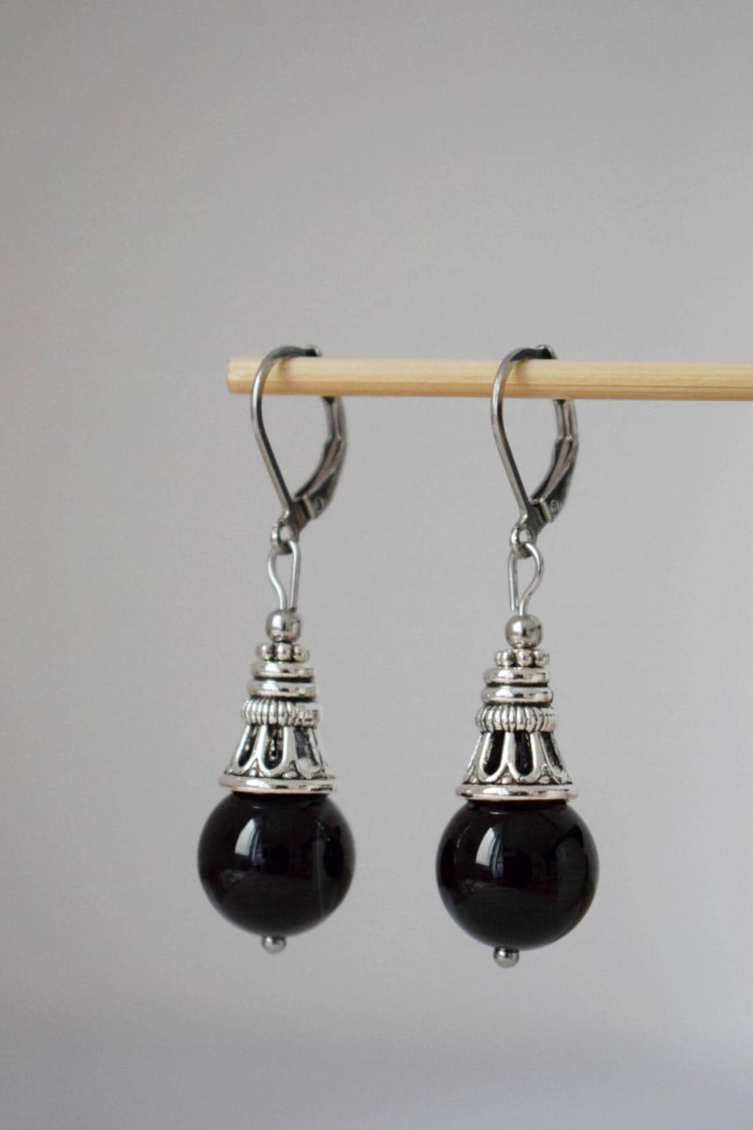 Black agate earrings, Boho gemstone drop earrings, Vintage stone dangle earrings for women, Handmade ethnic jewelry, Gift for her