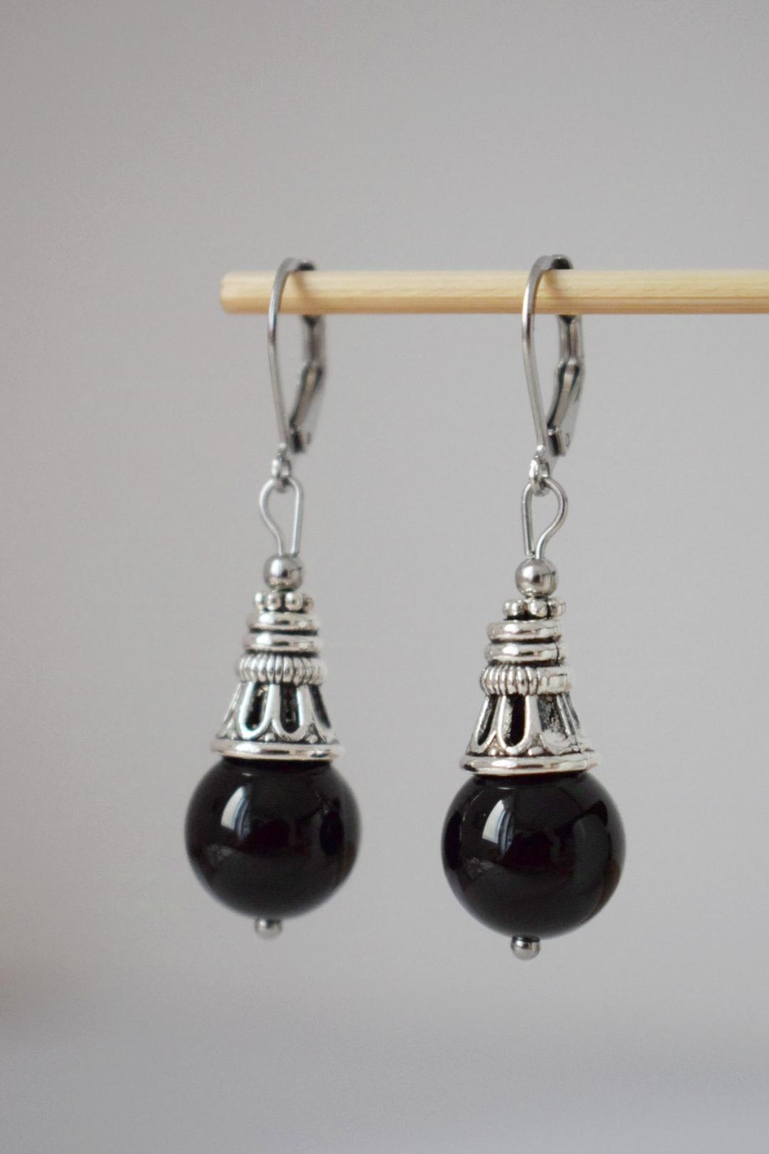 Black agate earrings, Boho gemstone drop earrings, Vintage stone dangle earrings for women, Handmade ethnic jewelry, Gift for her
