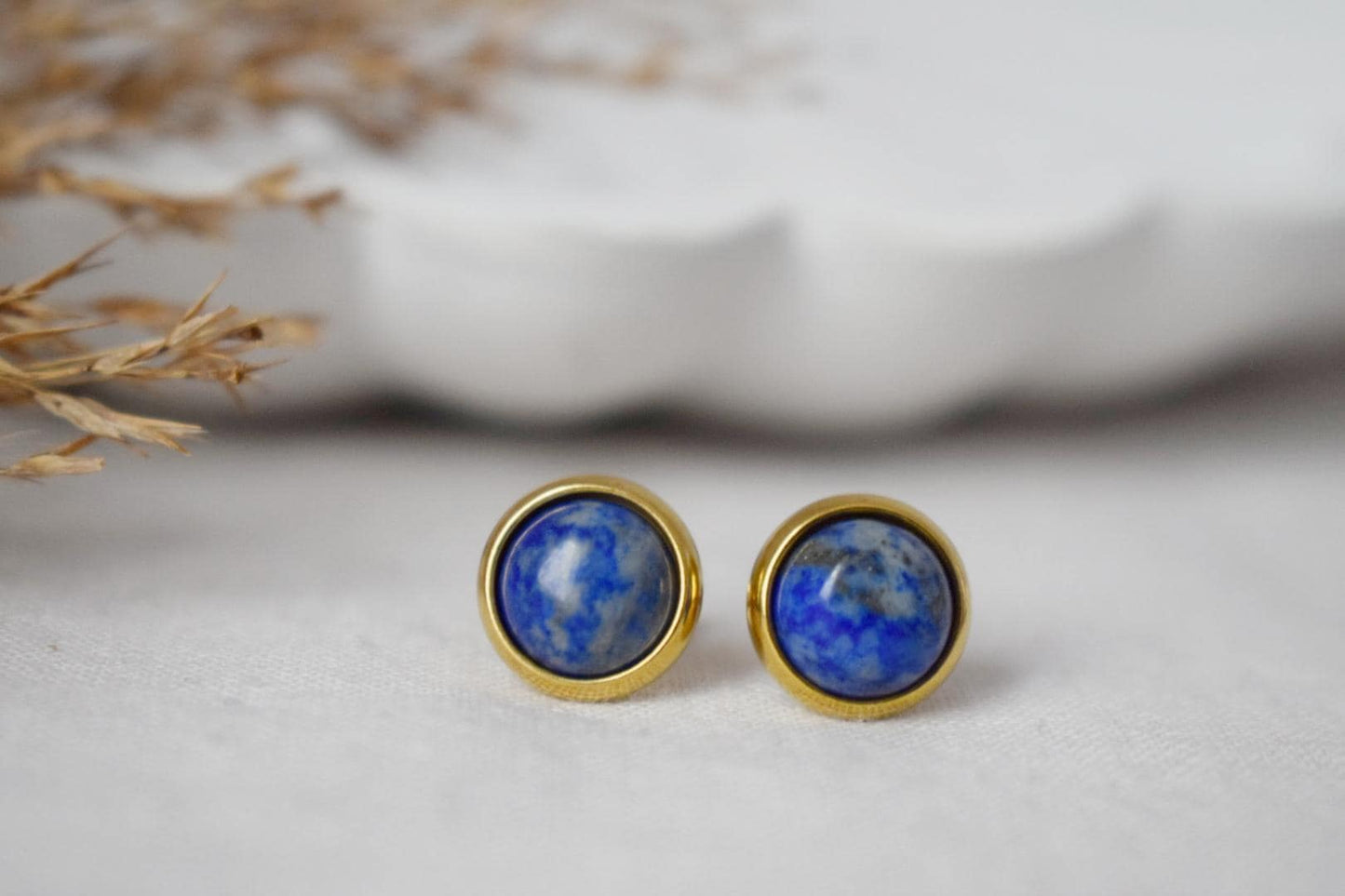Lapis Stud Earrings Gold, Small Blue Lapis Earrings, Round, Minimalist, 8mm, Lapis Lazuli Jewelry, September Birthstone, Handmade Jewelry