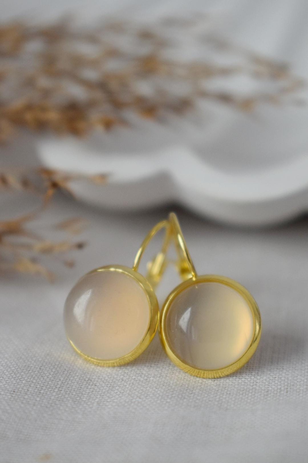Gray agate earrings, Gemstone dangle earrings, 18k gold plated stainless steel earrings, Handmade jewelry, Valentine's day gift for her