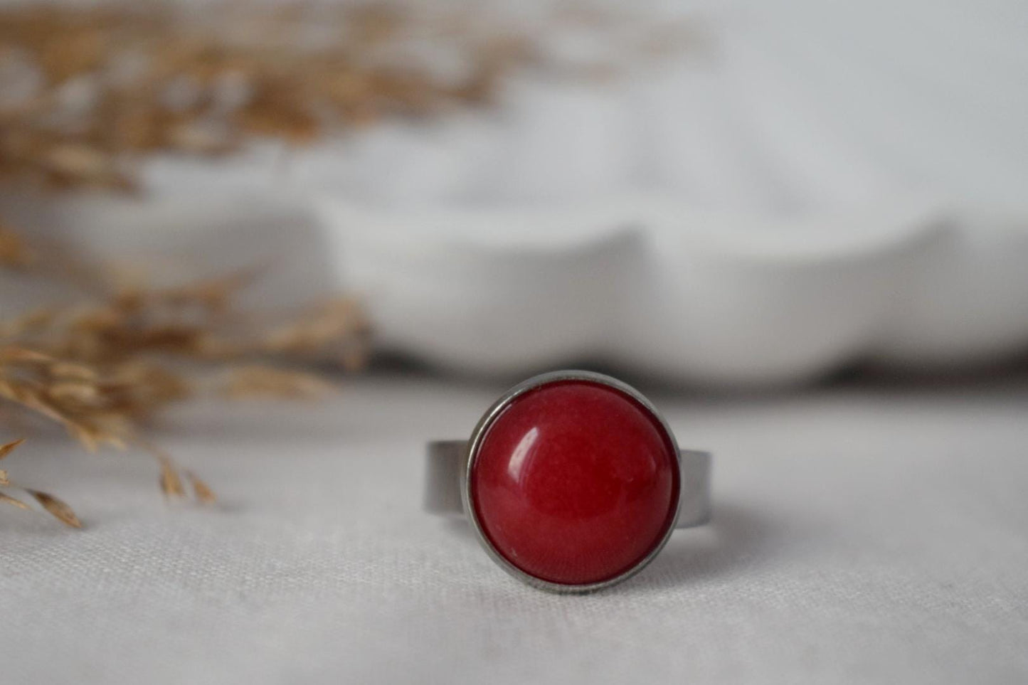 Red jade ring, Gemstone ring, Red statement ring, Adjustable round ring, Red stone ring, Jade jewelry, Everyday simple Ring, Gift for her