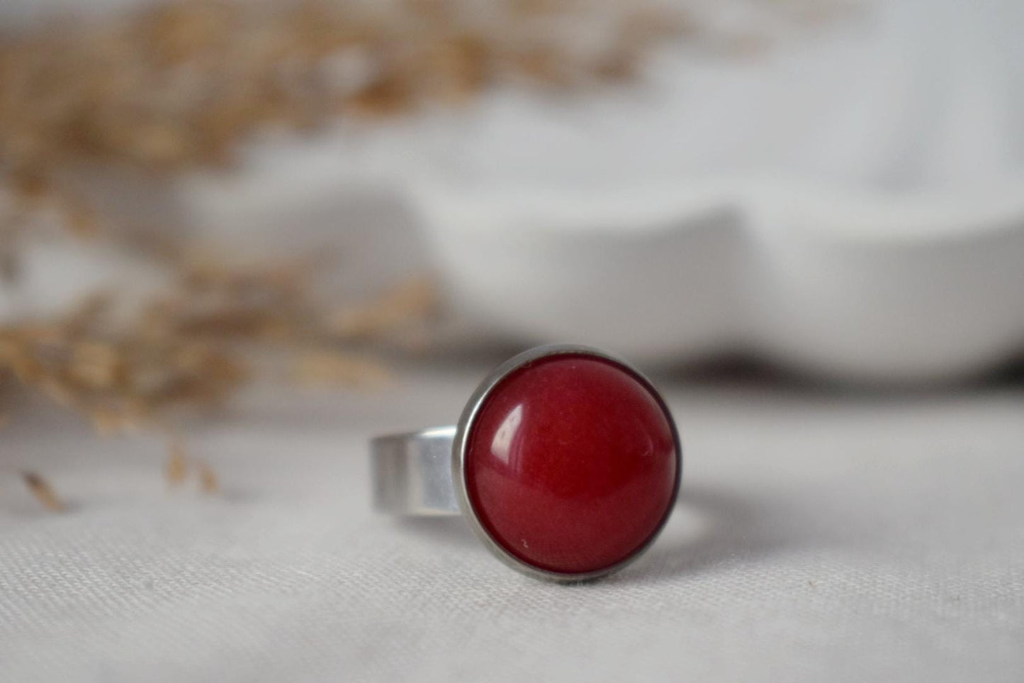 Red jade ring, Gemstone ring, Red statement ring, Adjustable round ring, Red stone ring, Jade jewelry, Everyday simple Ring, Gift for her
