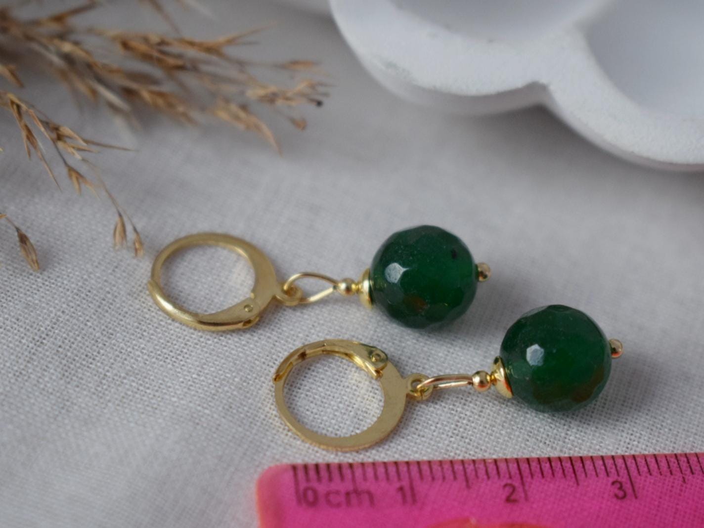 Dark green jade hoop earrings, Gemstone Creole, 24k gold plated stainless steel, Emerald green, Minimalist, Boho jewelry, Handmade Gift