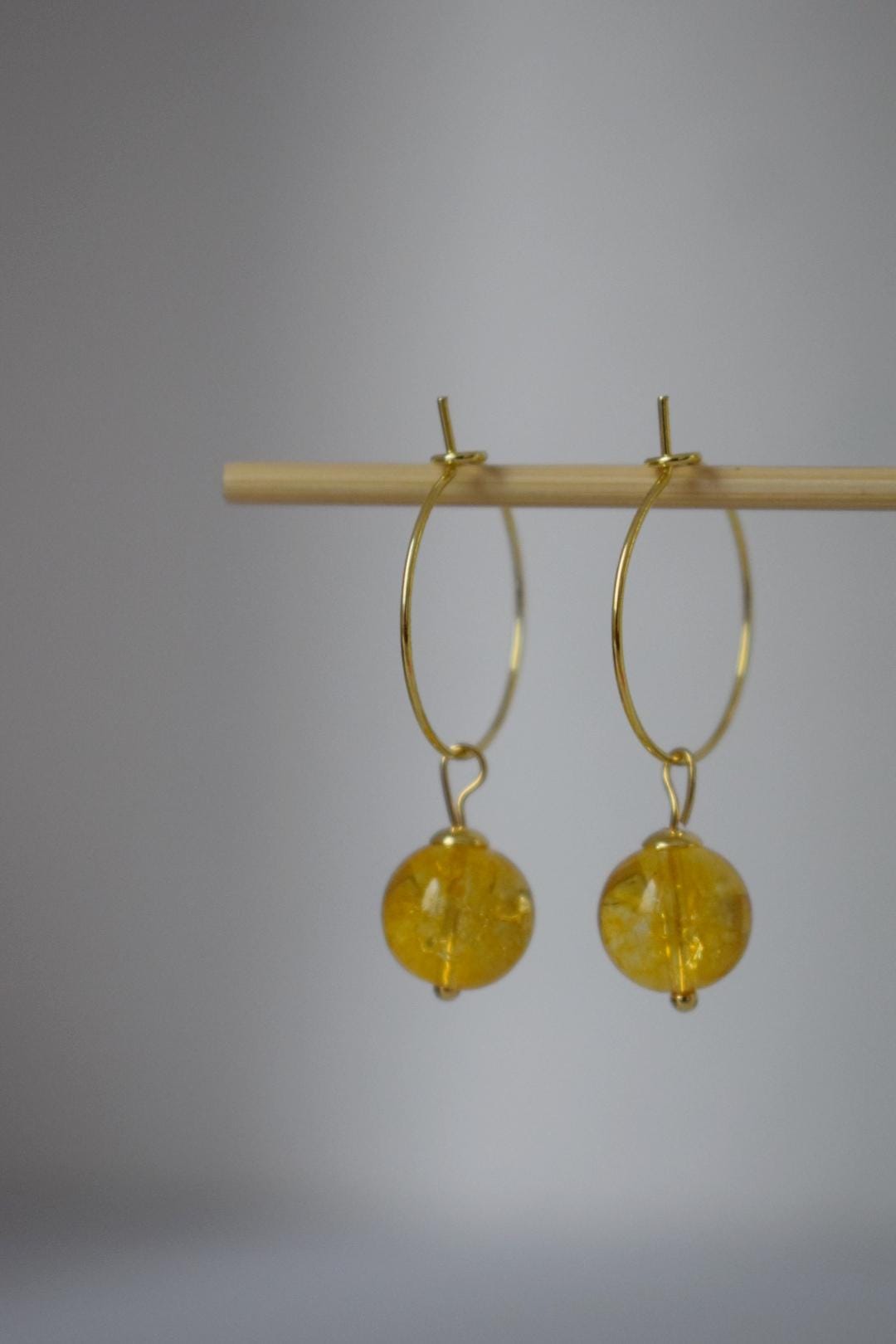 Citrine bead hoop earrings, Gemstone yellow pearl, 18k gold plated surgical stainless steel, November birthstone, Jewelry Gift for her