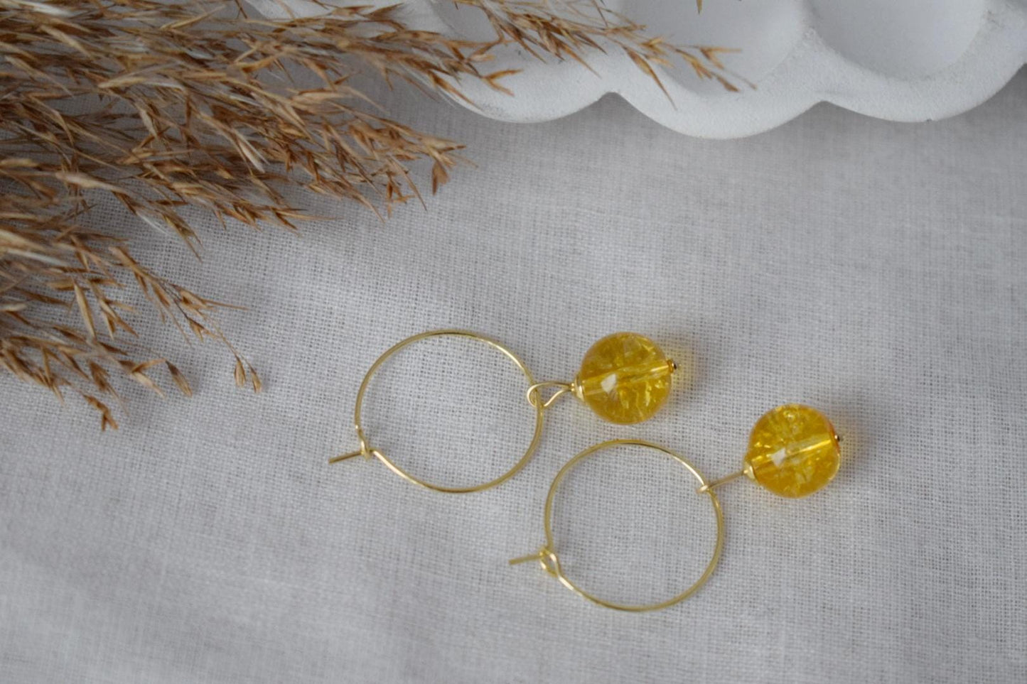 Citrine bead hoop earrings, Gemstone yellow pearl, 18k gold plated surgical stainless steel, November birthstone, Jewelry Gift for her