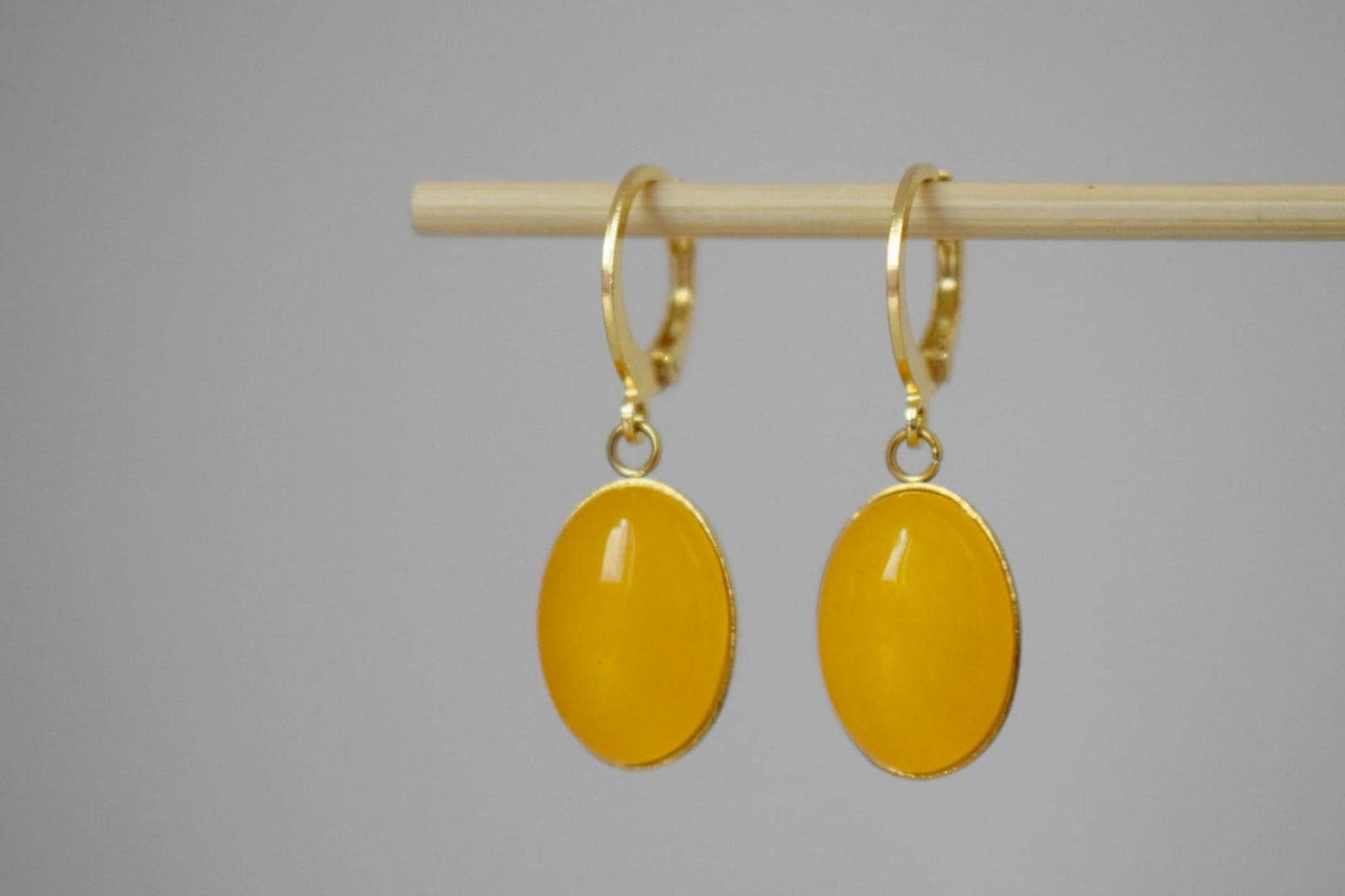 Yellow Jade Gemstone Earrings, Boho Chic Golden Huggie Hoops, Dangle Drop Stone Earrings For Women, Lightweight Jewelry, Gift For Her