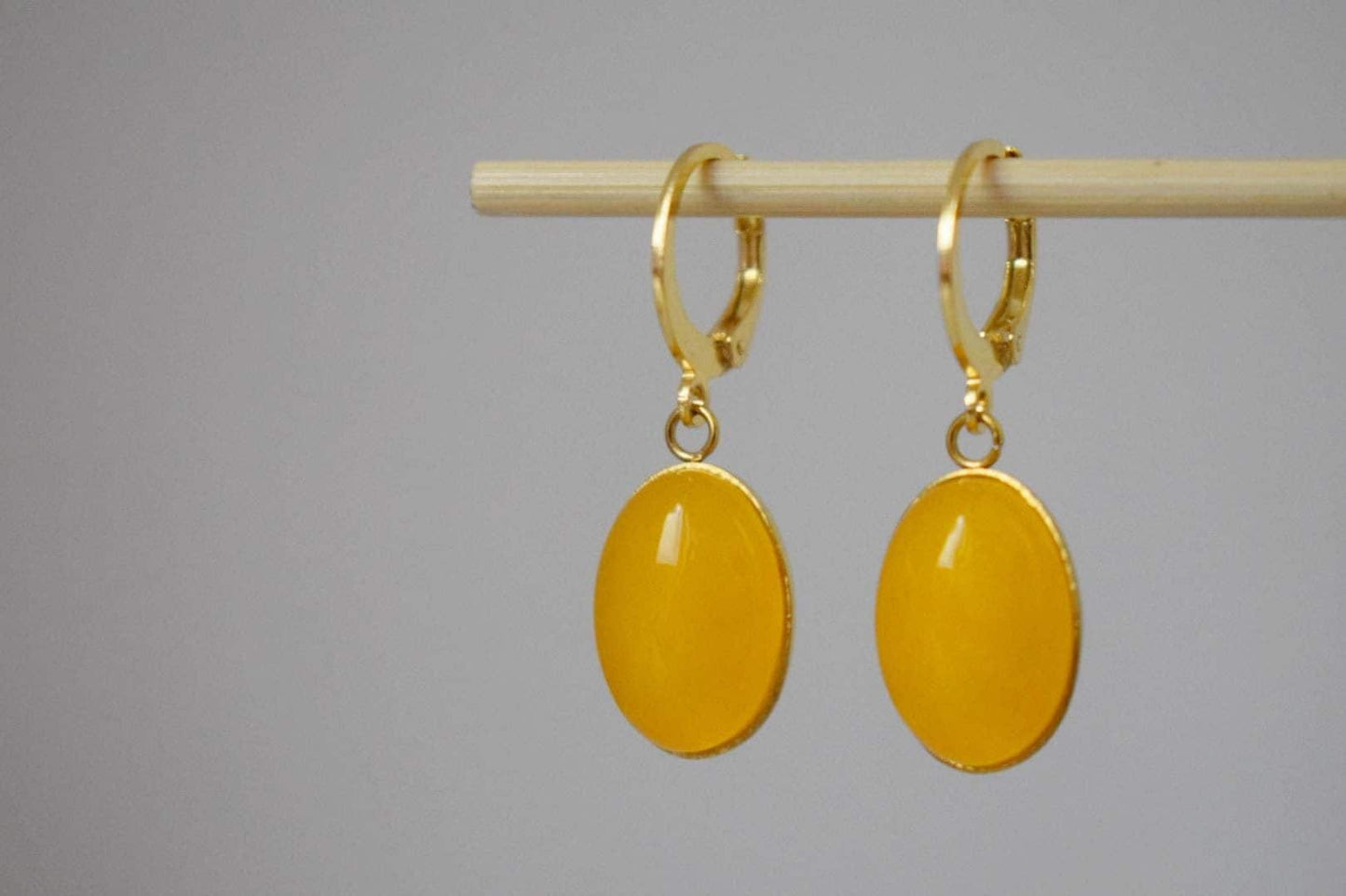 Yellow Jade Gemstone Earrings, Boho Chic Golden Huggie Hoops, Dangle Drop Stone Earrings For Women, Lightweight Jewelry, Gift For Her