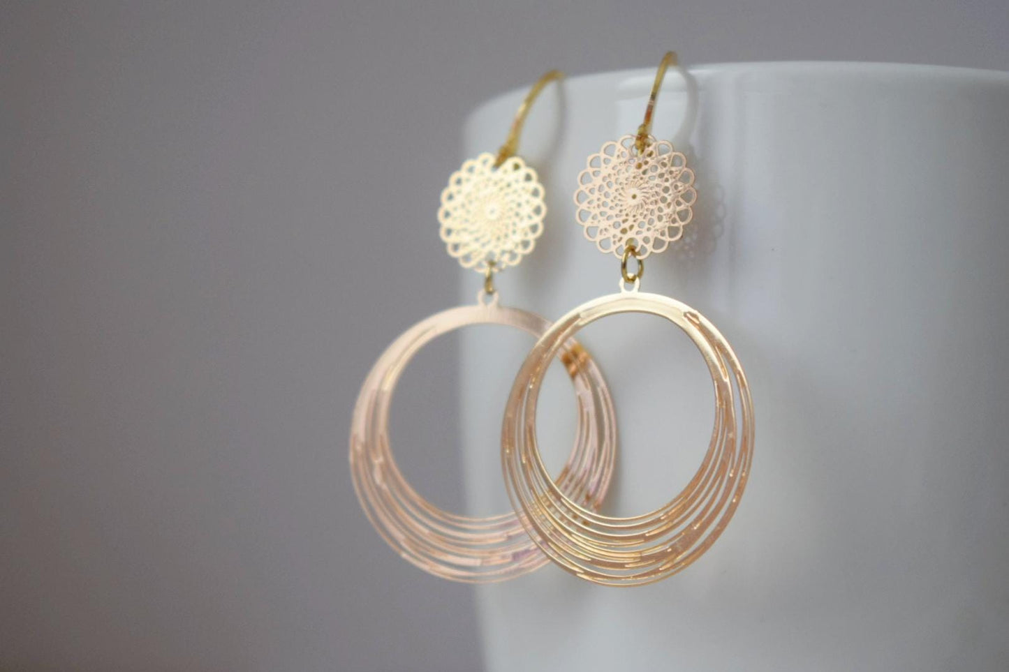 Ornament earrings for women, Mandala earrings, 24k gold plated stainless steel huggie, Boho filigree hoops, Unique jewelry, Gift for her