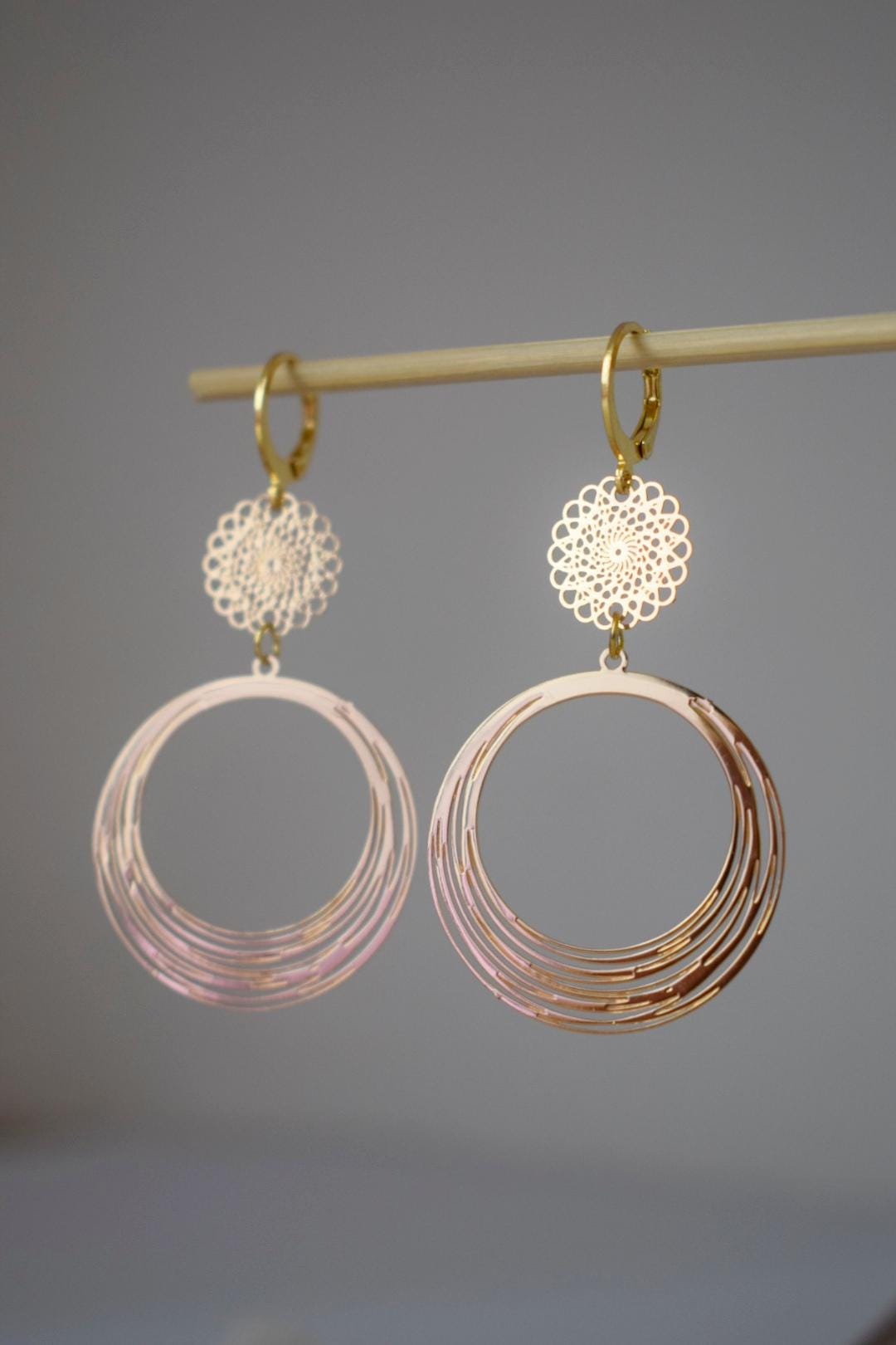 Ornament earrings for women, Mandala earrings, 24k gold plated stainless steel huggie, Boho filigree hoops, Unique jewelry, Gift for her