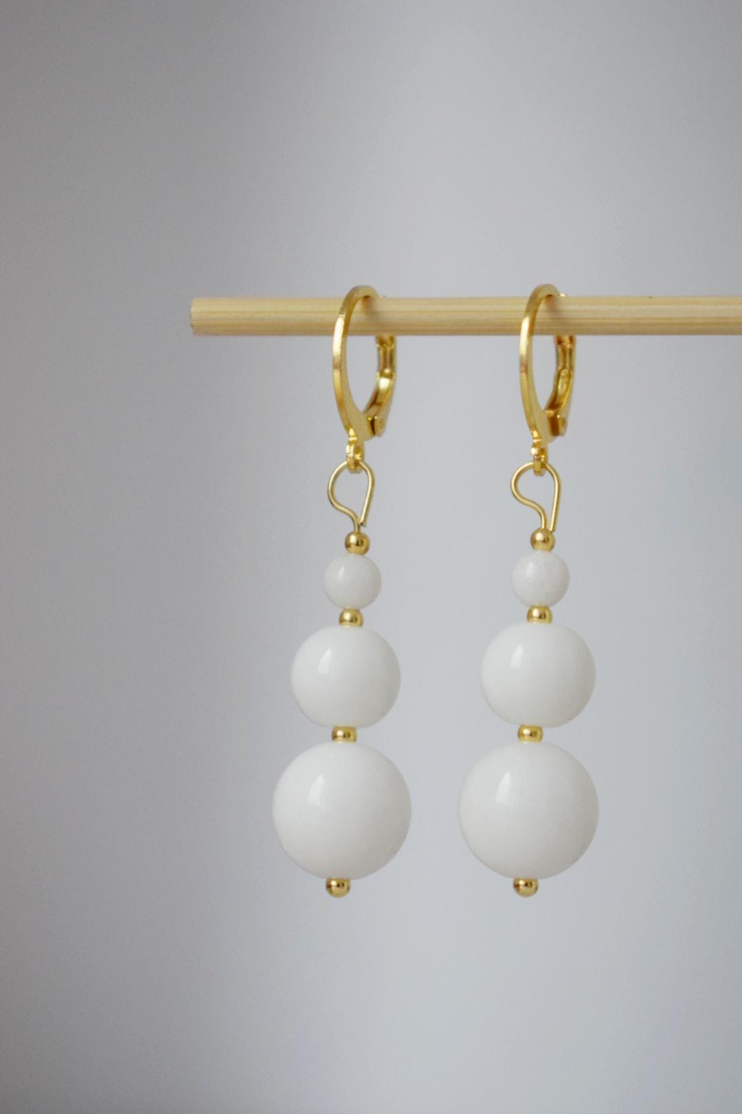 White Jade Dangle Earrings, 24k Gold Plated Hoop, Minimalist Boho Chic Jewelry, Handmade Gemstone Earrings, Elegant Gift for Her