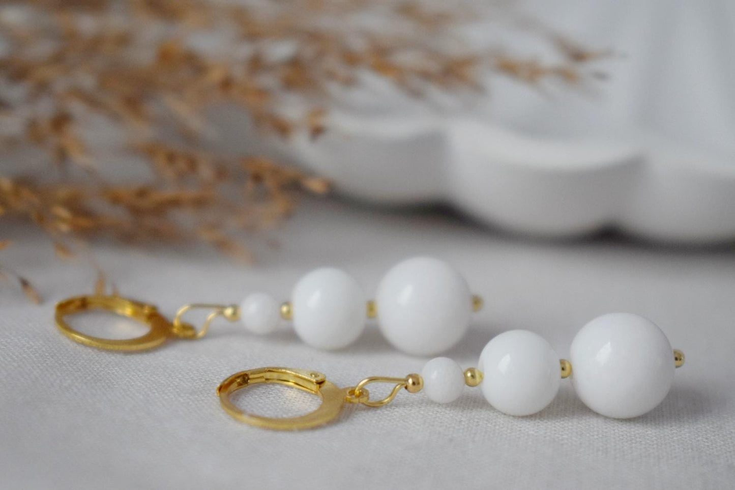 White Jade Dangle Earrings, 24k Gold Plated Hoop, Minimalist Boho Chic Jewelry, Handmade Gemstone Earrings, Elegant Gift for Her