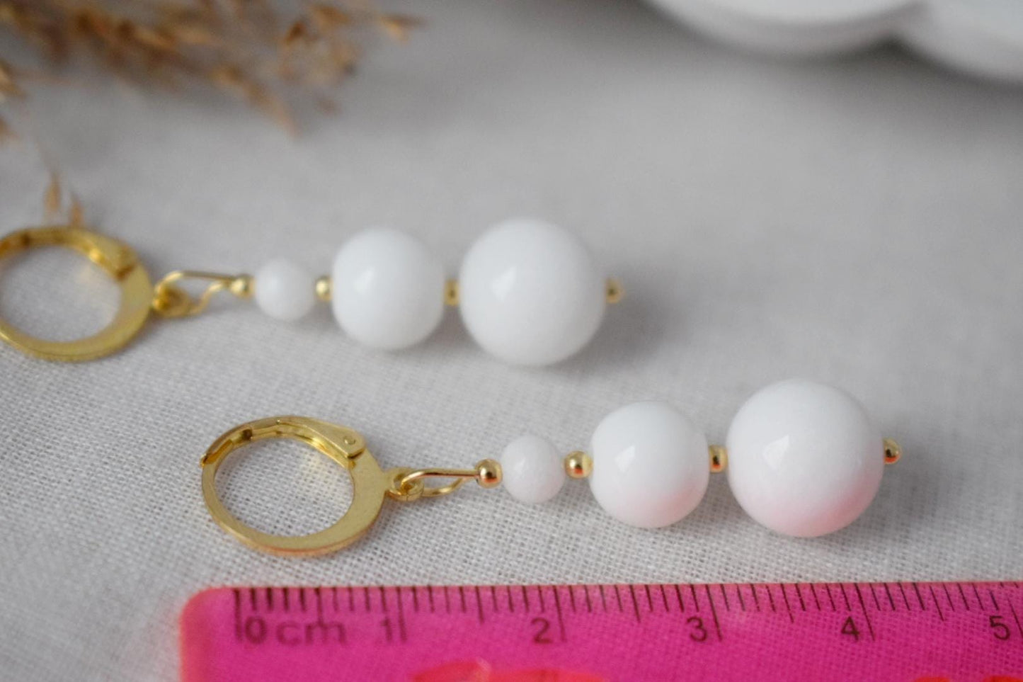 White Jade Dangle Earrings, 24k Gold Plated Hoop, Minimalist Boho Chic Jewelry, Handmade Gemstone Earrings, Elegant Gift for Her