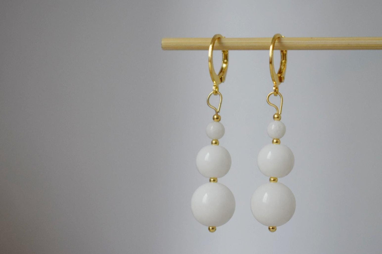 White Jade Dangle Earrings, 24k Gold Plated Hoop, Minimalist Boho Chic Jewelry, Handmade Gemstone Earrings, Elegant Gift for Her