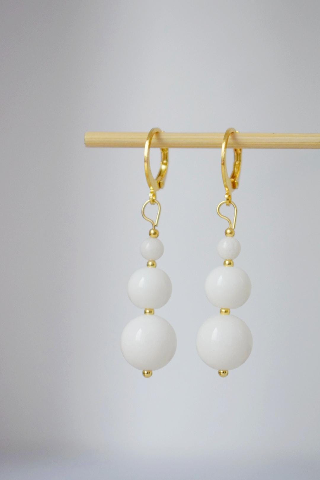 White Jade Dangle Earrings, 24k Gold Plated Hoop, Minimalist Boho Chic Jewelry, Handmade Gemstone Earrings, Elegant Gift for Her