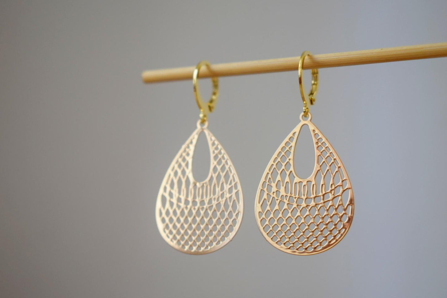 Teardrop ornament earrings for women, Boho filigree lightweight earrings, 24k gold plated stainless steel huggie hoops, Unique jewelry