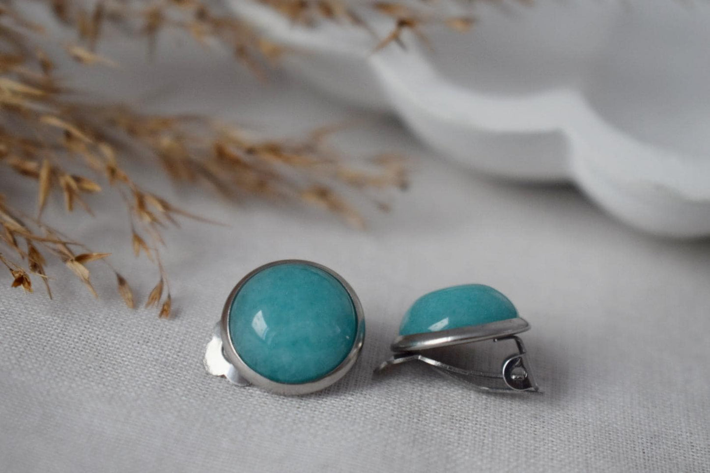 Clip on earrings Jade Turquoise, Non pierced gemstone ear clips for women, Surgical stainless steel, No hole, Handmade jewelry, Gift for her
