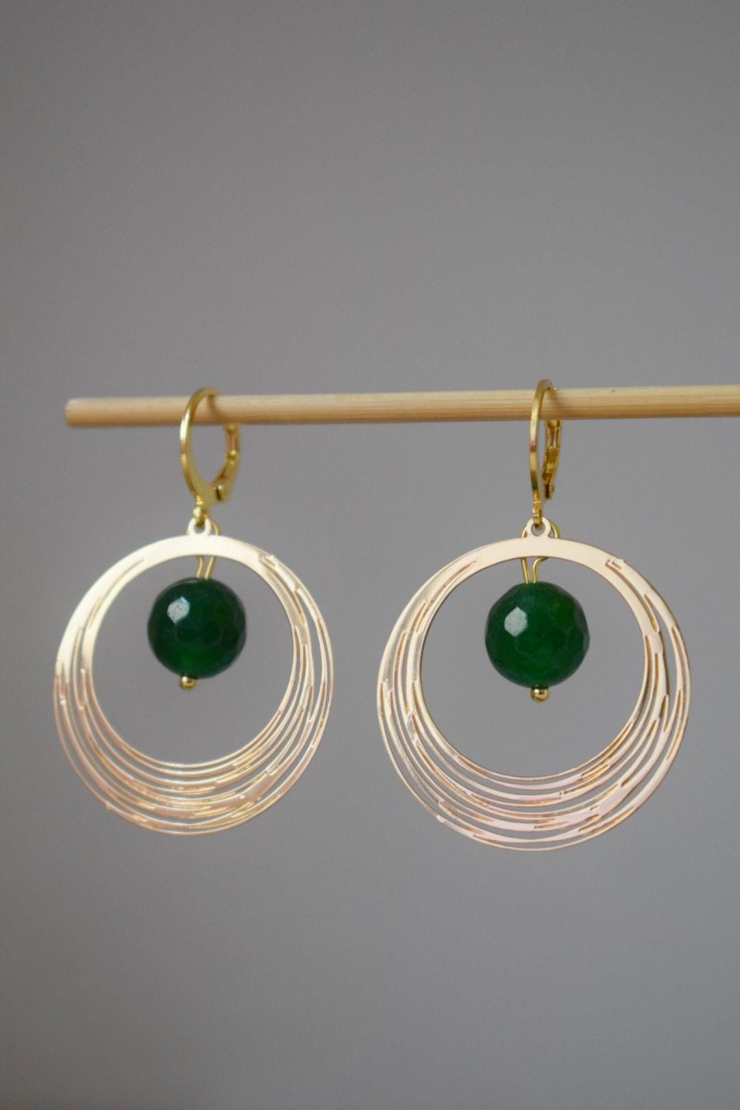 Green Jade Earrings, Gemstone Faceted Ball Hoops, Golden Circle Pendant Dangle Earrings, Minimalist Art Deco Jewelry, Handmade Gift for her