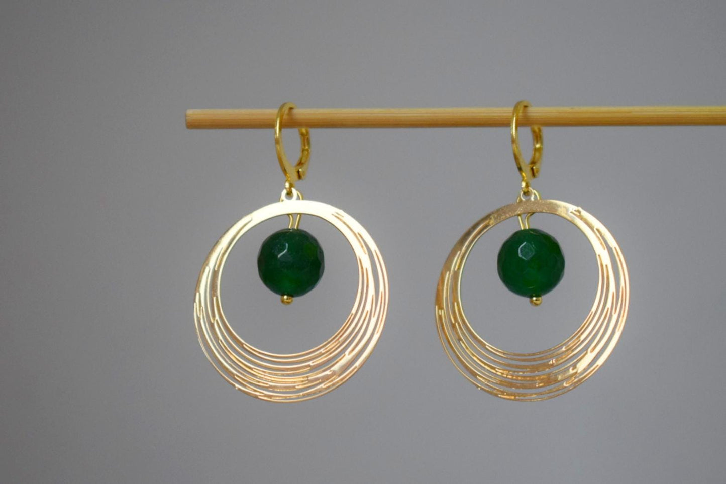 Green Jade Earrings, Gemstone Faceted Ball Hoops, Golden Circle Pendant Dangle Earrings, Minimalist Art Deco Jewelry, Handmade Gift for her