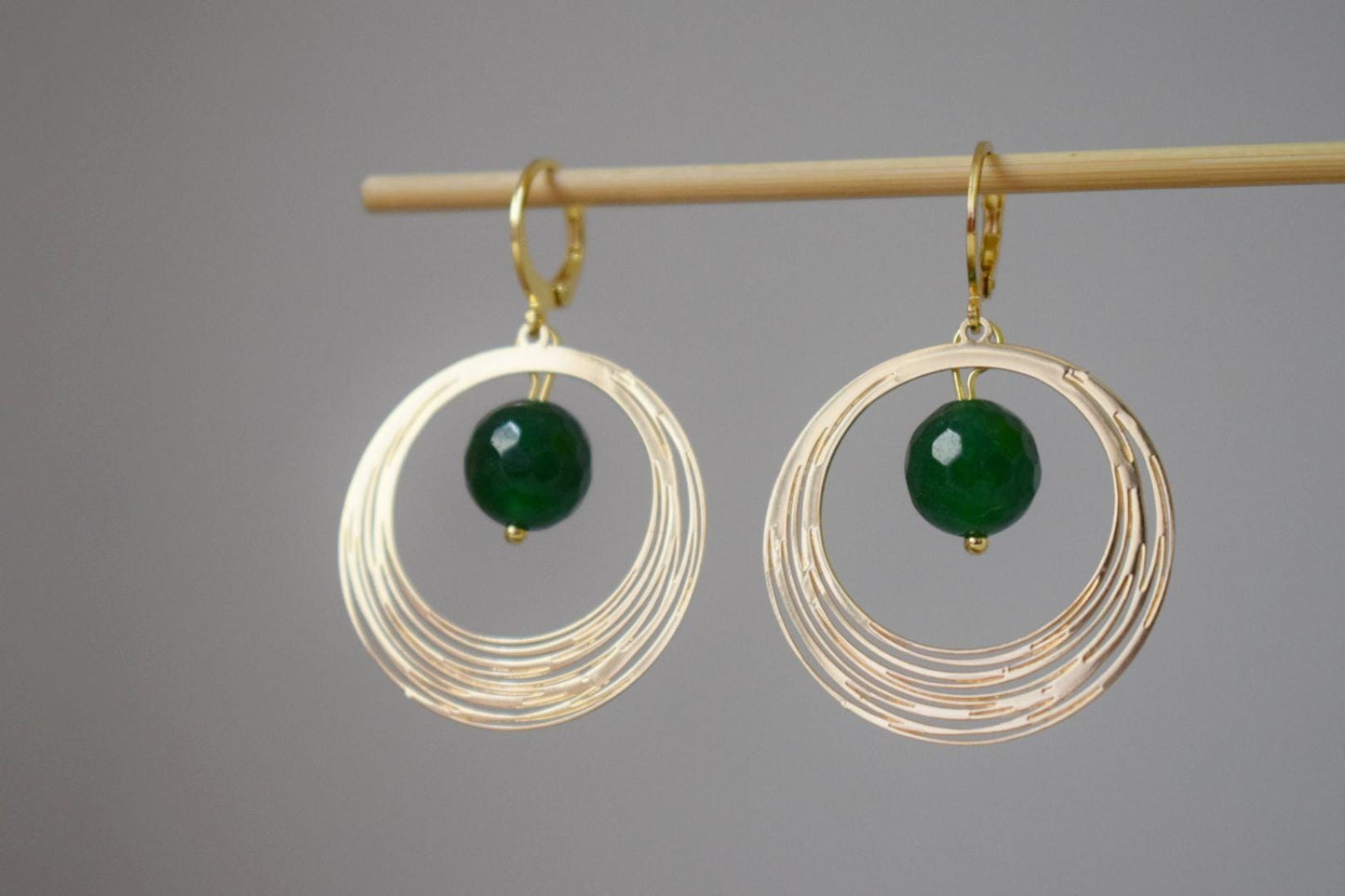 Green Jade Earrings, Gemstone Faceted Ball Hoops, Golden Circle Pendant Dangle Earrings, Minimalist Art Deco Jewelry, Handmade Gift for her