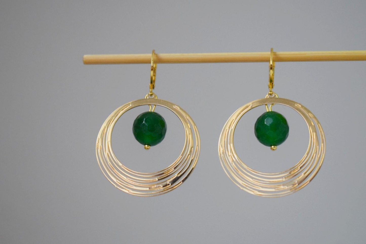 Green Jade Earrings, Gemstone Faceted Ball Hoops, Golden Circle Pendant Dangle Earrings, Minimalist Art Deco Jewelry, Handmade Gift for her
