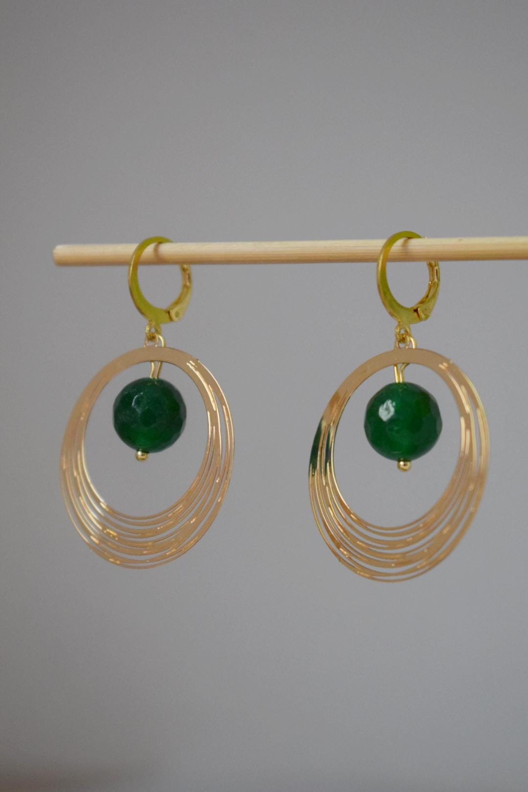 Green Jade Earrings, Gemstone Faceted Ball Hoops, Golden Circle Pendant Dangle Earrings, Minimalist Art Deco Jewelry, Handmade Gift for her