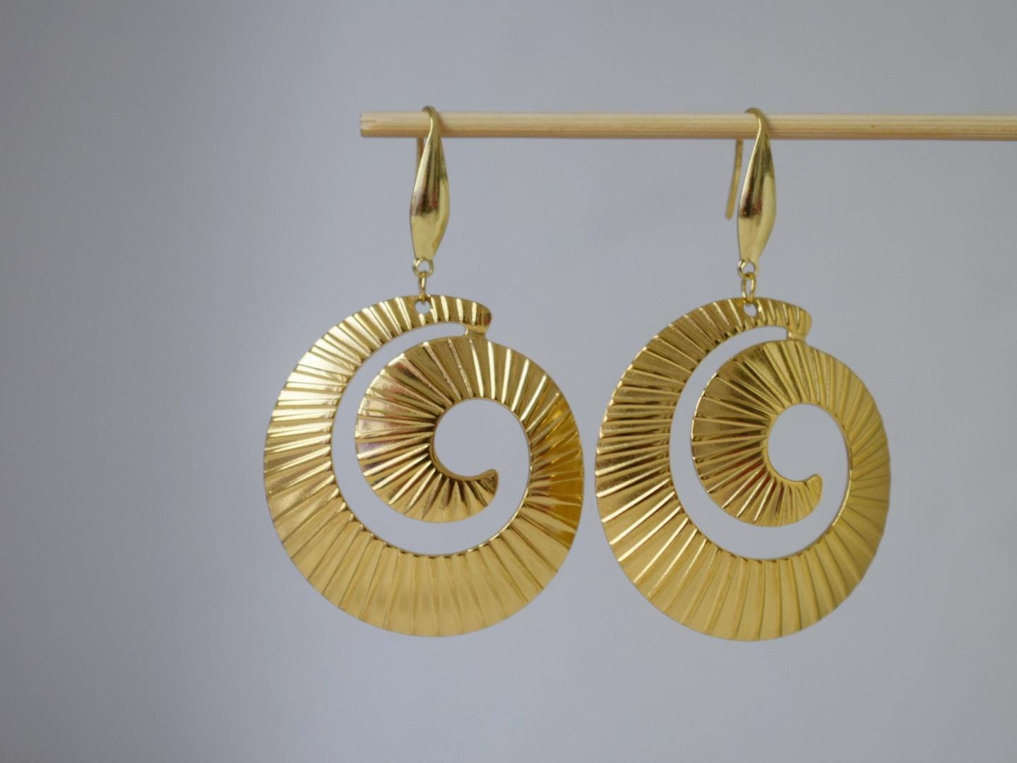 Spiral dangle earrings for women, Long statement vortex earrings, 18k gold plated surgical stainless steel, Boho jewelry, Unique gift her