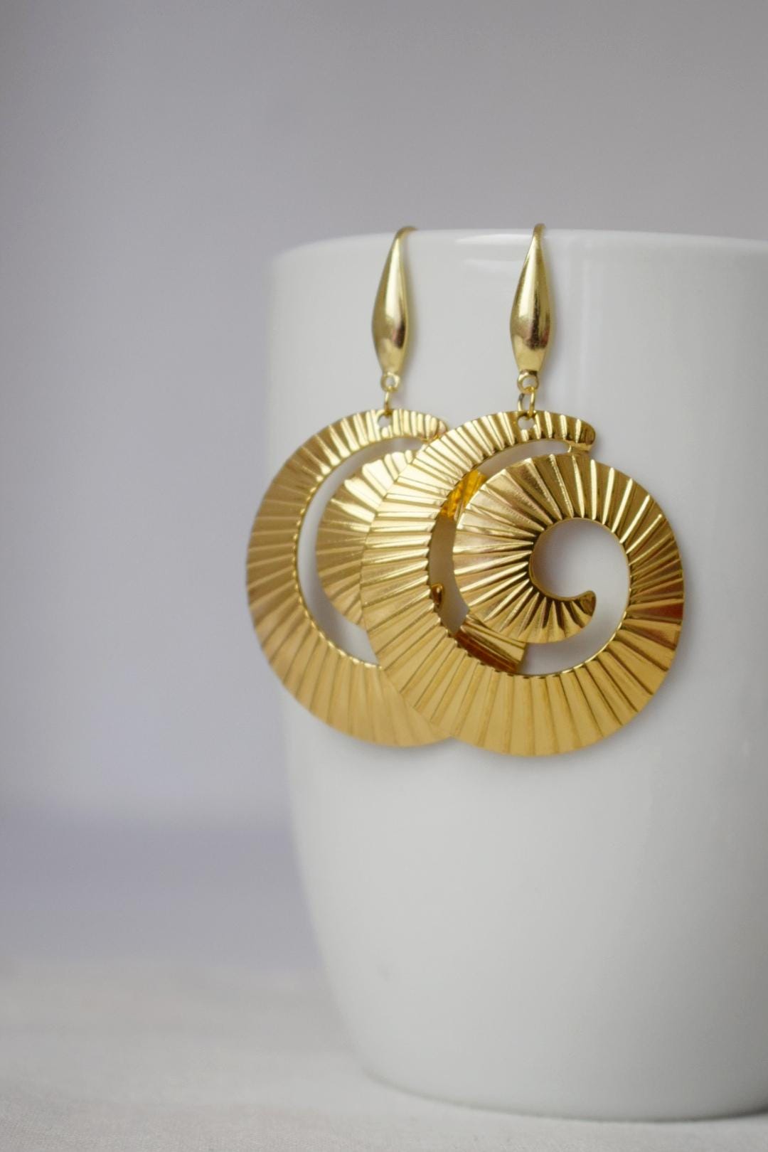 Spiral dangle earrings for women, Long statement vortex earrings, 18k gold plated surgical stainless steel, Boho jewelry, Unique gift her