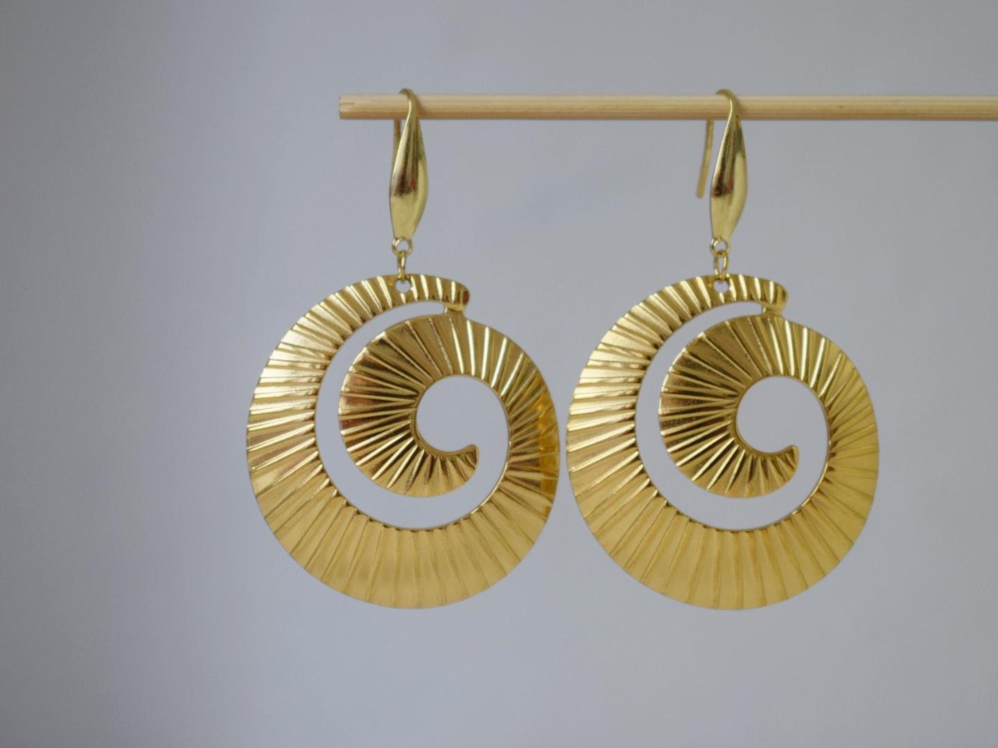 Spiral dangle earrings for women, Long statement vortex earrings, 18k gold plated surgical stainless steel, Boho jewelry, Unique gift her