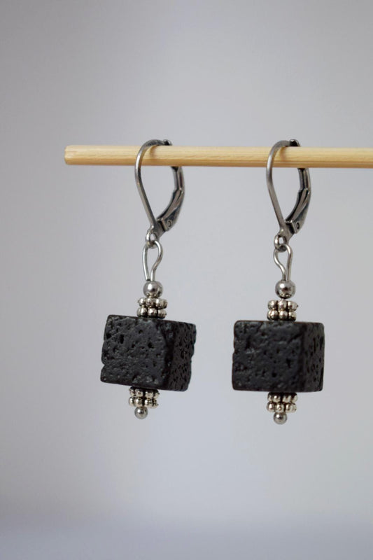Cube Lava stone earrings, Black gemstone bead huggie hoops, Lava rock, Diffuser Jewelry, Surgical Stainless steel, Essential oil, Gift