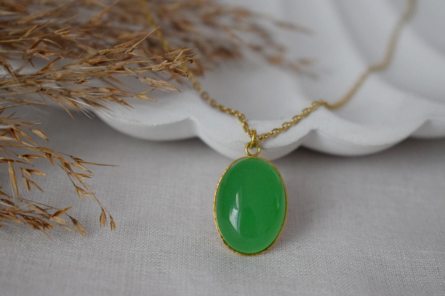 Green jade necklace gold for women, Oval pendant gemstone necklace, Statement necklace, Green stone pendant, Handmade jewelry gift for her