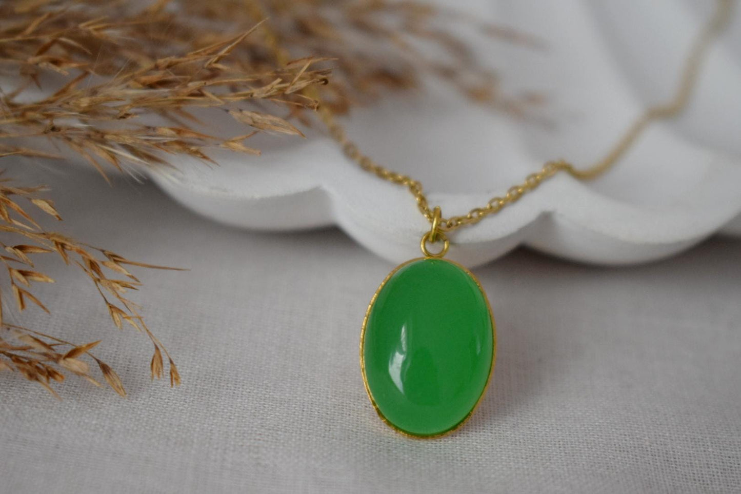 Green jade necklace gold for women, Oval pendant gemstone necklace, Statement necklace, Green stone pendant, Handmade jewelry gift for her