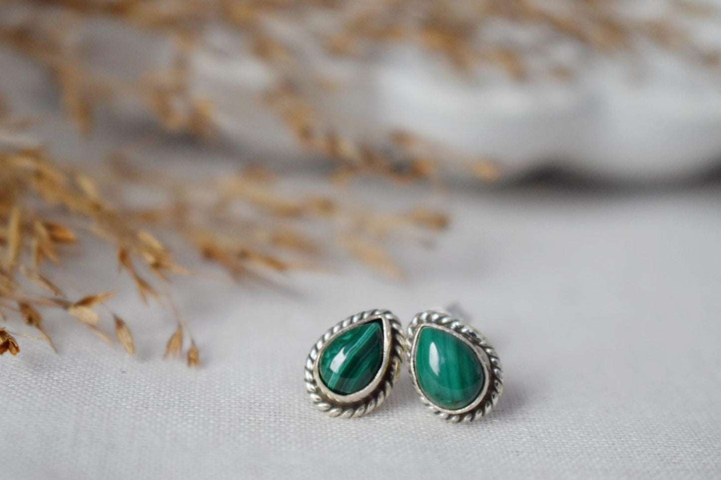 Small Teardrop Malachite Stud Earrings, 925 Sterling Silver Push Back Earrings, Drop Gemstone, Natural stone, Boho Jewelry, Gift For Her