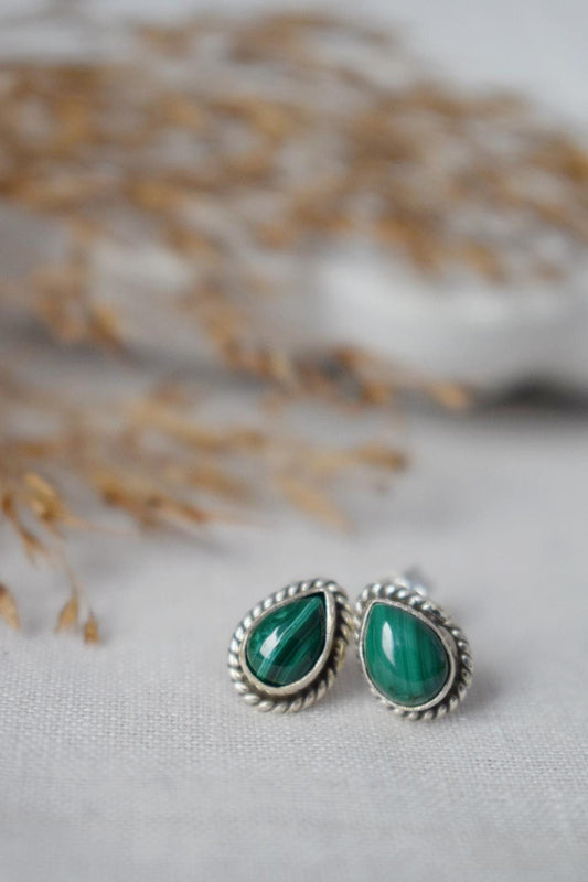 Small Teardrop Malachite Stud Earrings, 925 Sterling Silver Push Back Earrings, Drop Gemstone, Natural stone, Boho Jewelry, Gift For Her