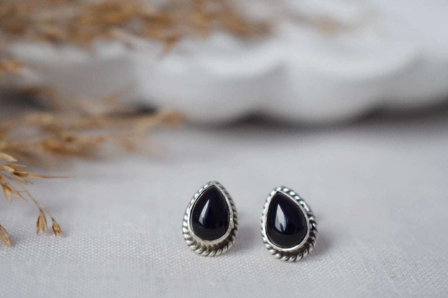 Small Boho Black Onyx Stud Earrings, Teardrop Natural Stone Sterling Silver Jewelry, Gemstone Studs, Best Handmade Gift, Unisex Earrings