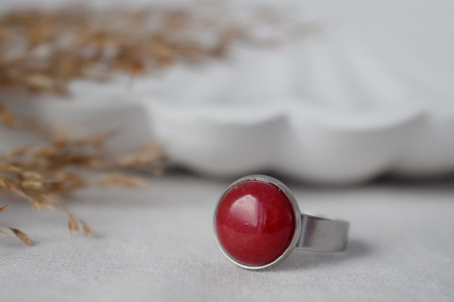 Red jade ring, Gemstone ring, Red statement ring, Adjustable round ring, Red stone ring, Jade jewelry, Everyday simple Ring, Gift for her