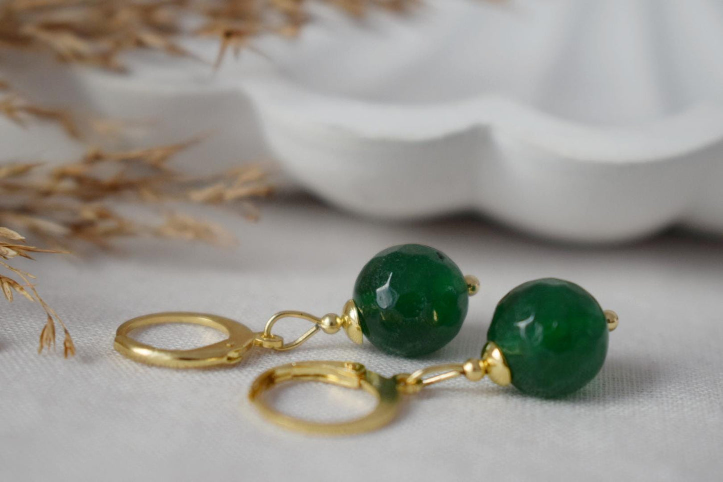 Dark green jade hoop earrings, Gemstone Creole, 24k gold plated stainless steel, Emerald green, Minimalist, Boho jewelry, Handmade Gift