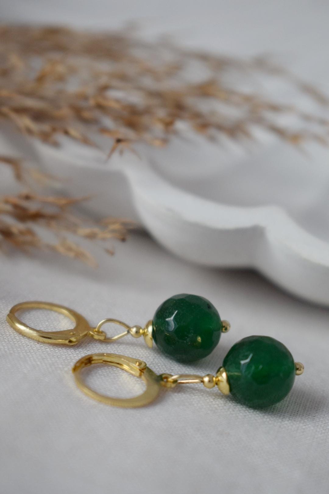 Dark green jade hoop earrings, Gemstone Creole, 24k gold plated stainless steel, Emerald green, Minimalist, Boho jewelry, Handmade Gift