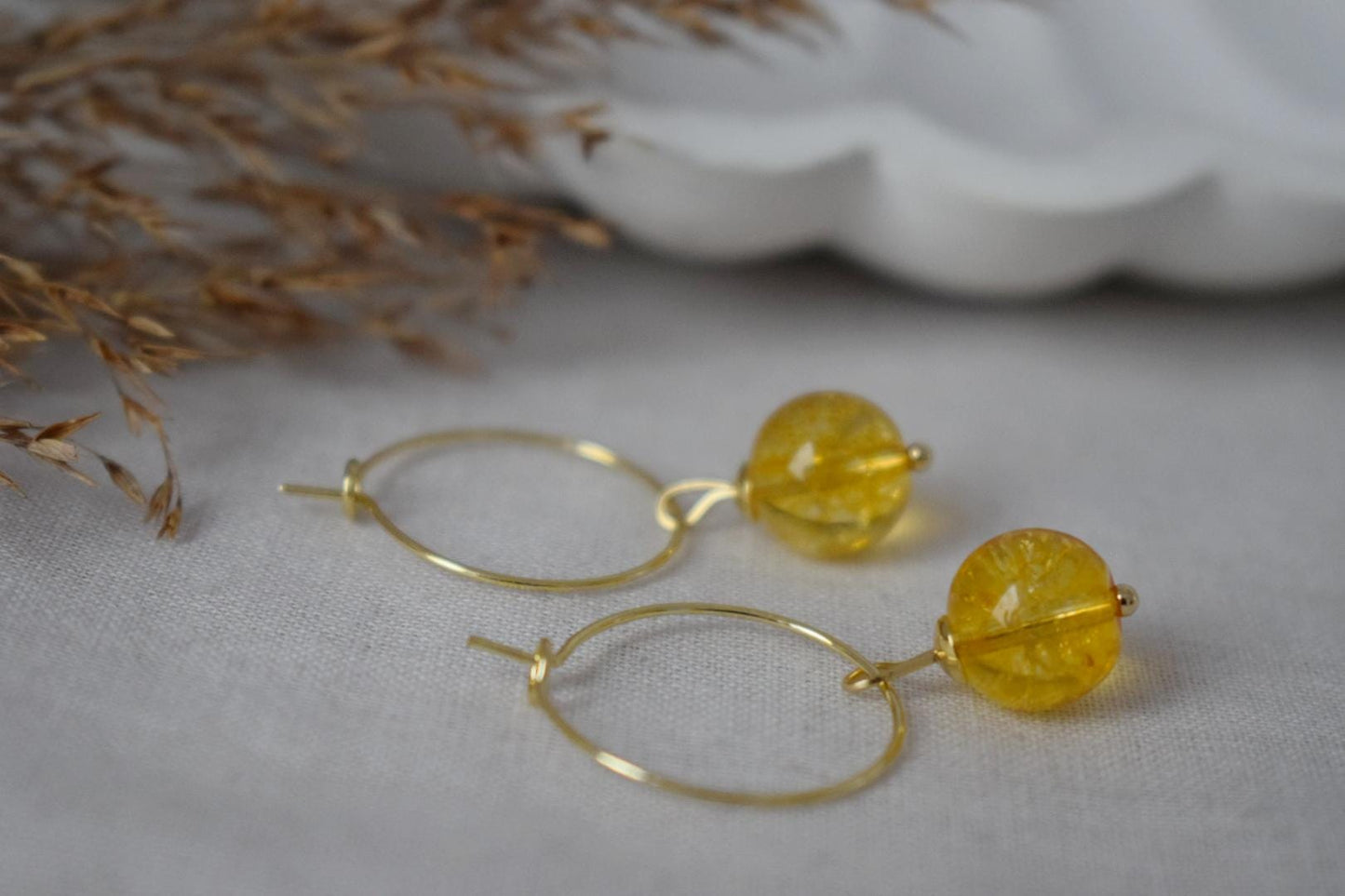Citrine bead hoop earrings, Gemstone yellow pearl, 18k gold plated surgical stainless steel, November birthstone, Jewelry Gift for her