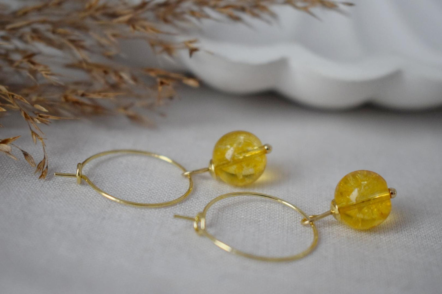 Citrine bead hoop earrings, Gemstone yellow pearl, 18k gold plated surgical stainless steel, November birthstone, Jewelry Gift for her