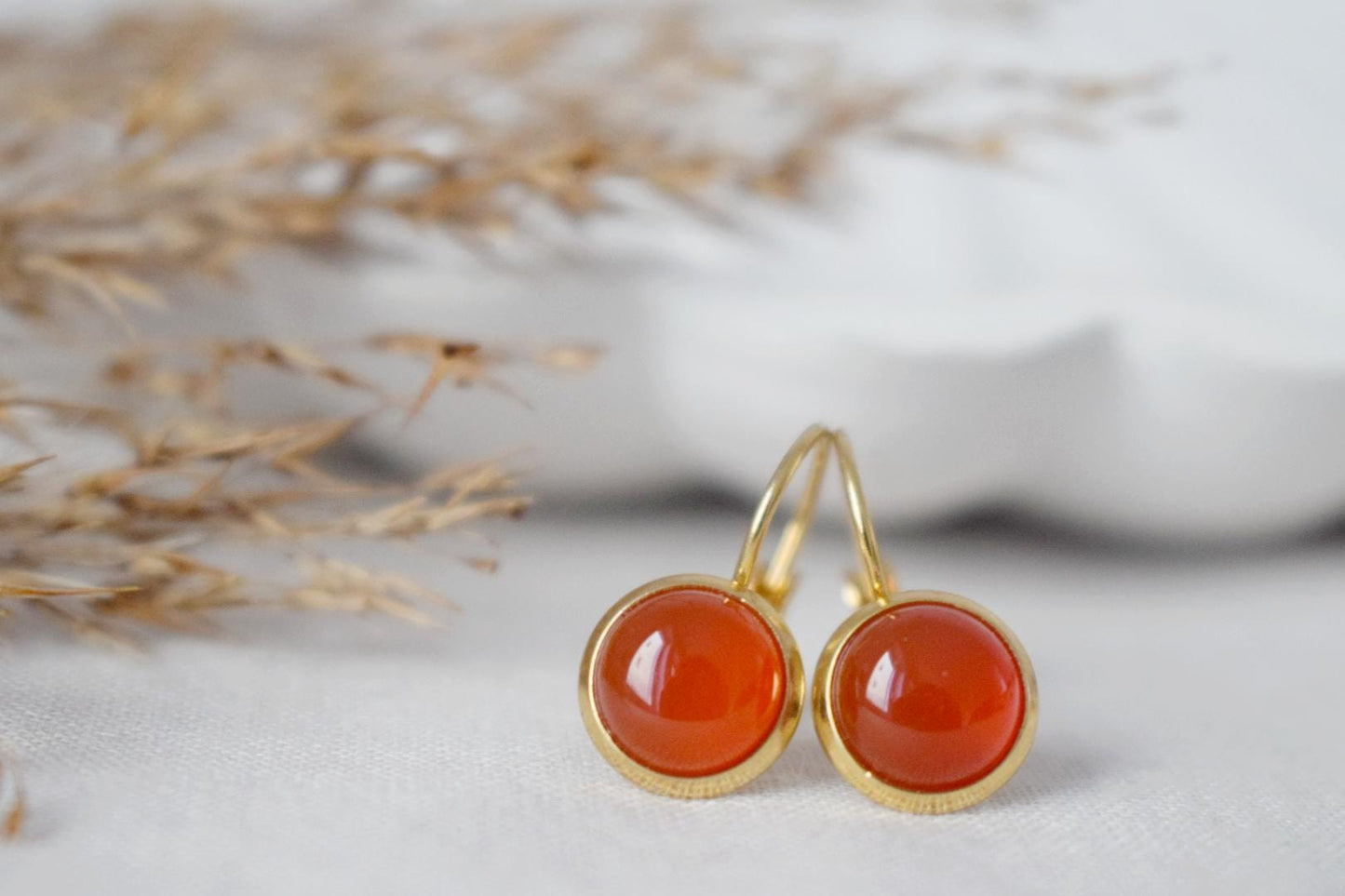 Red agate earrings for women, Small gemstone hanging earrings, Gold plated stainless steel, Red orange stone, Lever back, Jewelry gift