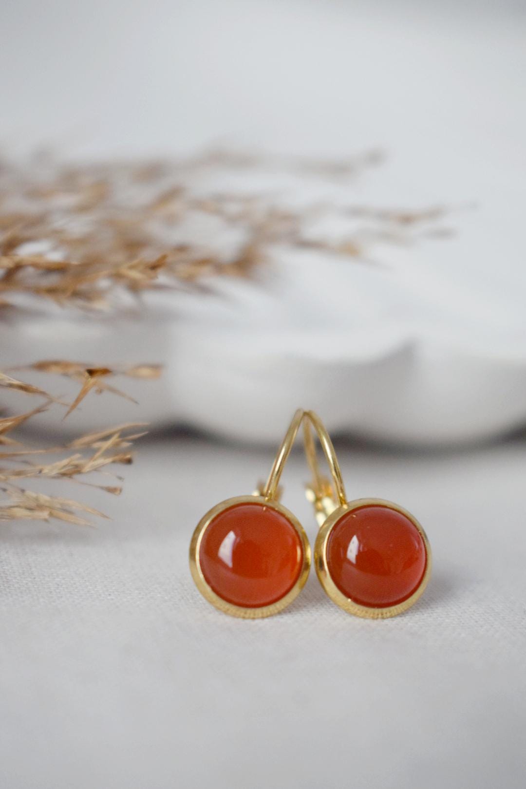 Red agate earrings for women, Small gemstone hanging earrings, Gold plated stainless steel, Red orange stone, Lever back, Jewelry gift