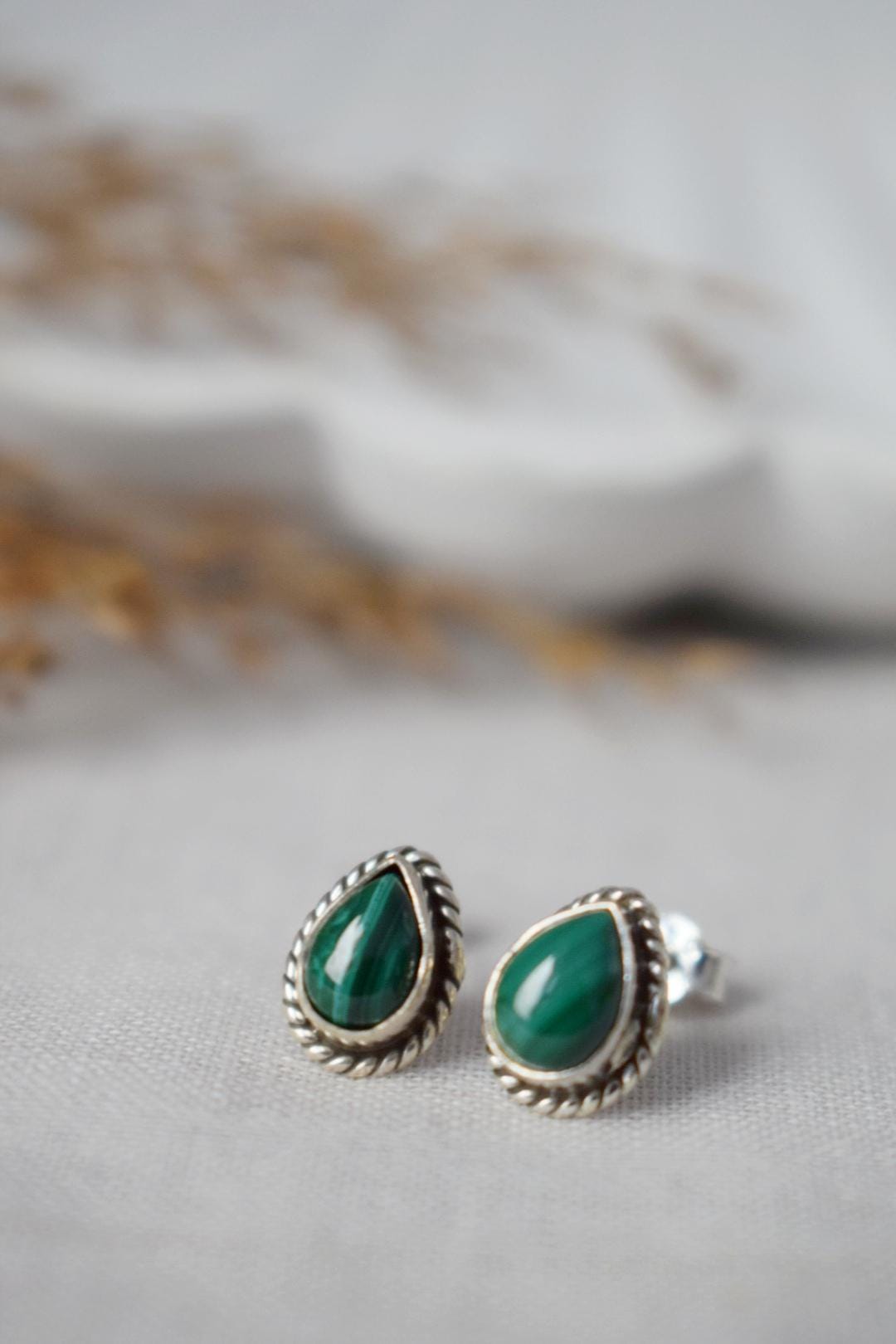 Small Teardrop Malachite Stud Earrings, 925 Sterling Silver Push Back Earrings, Drop Gemstone, Natural stone, Boho Jewelry, Gift For Her