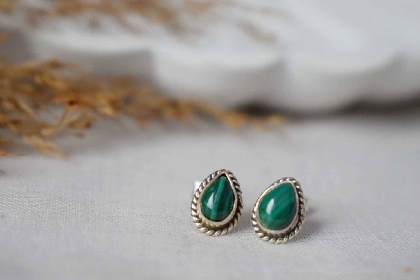 Small Teardrop Malachite Stud Earrings, 925 Sterling Silver Push Back Earrings, Drop Gemstone, Natural stone, Boho Jewelry, Gift For Her