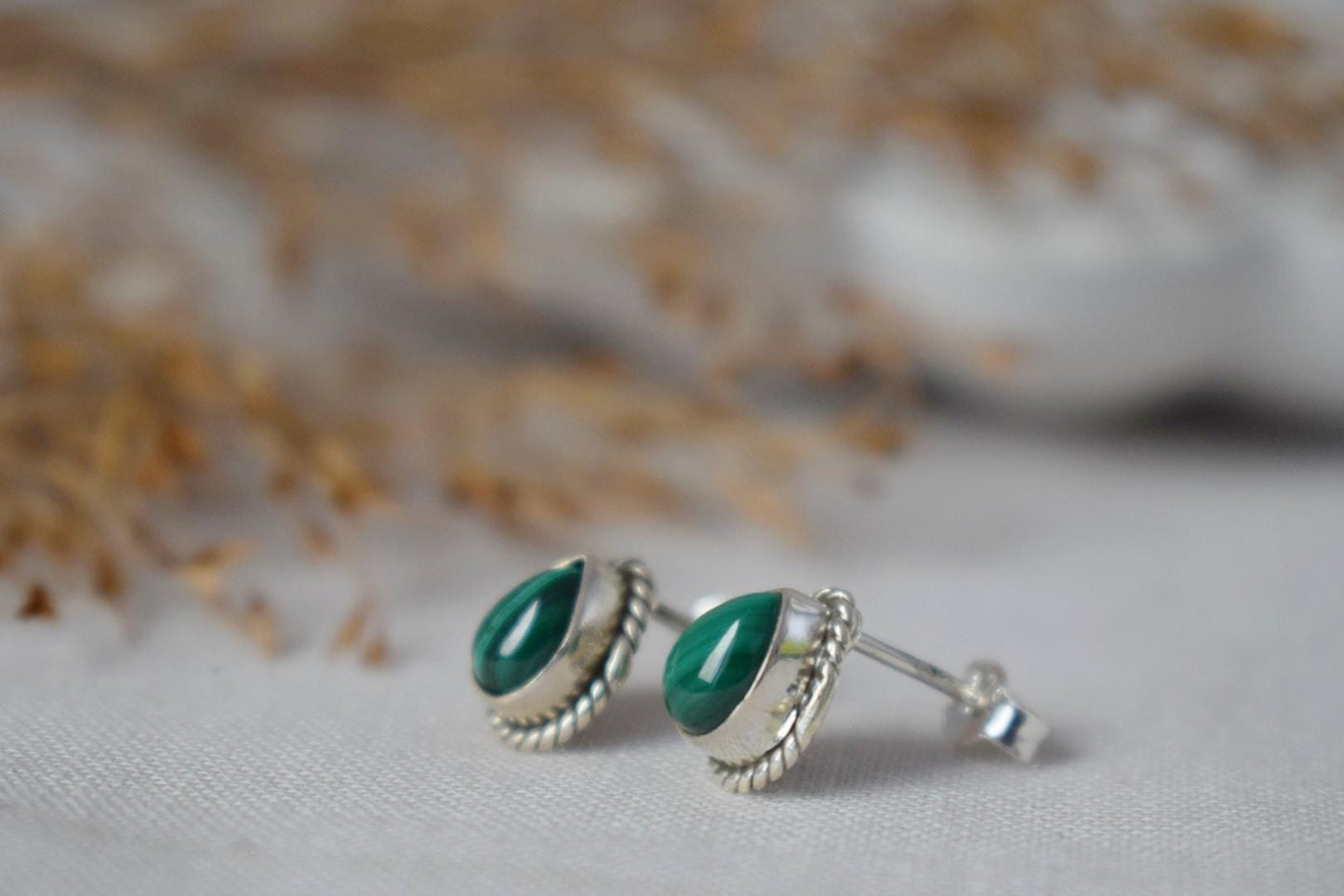 Small Teardrop Malachite Stud Earrings, 925 Sterling Silver Push Back Earrings, Drop Gemstone, Natural stone, Boho Jewelry, Gift For Her