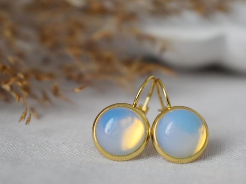 Opalite moonstone earrings, Rainbow gemstone dangle drop earrings, 18k gold plated stainless steel, Bridesmaid jewelry, Gift for her