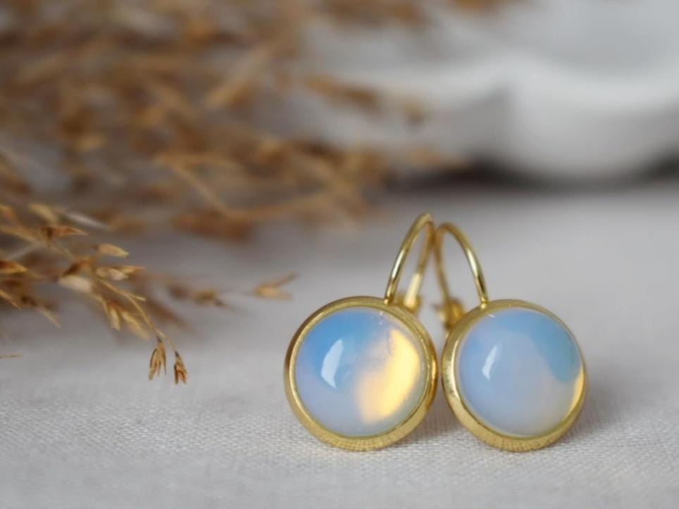 Opalite moonstone earrings, Rainbow gemstone dangle drop earrings, 18k gold plated stainless steel, Bridesmaid jewelry, Gift for her