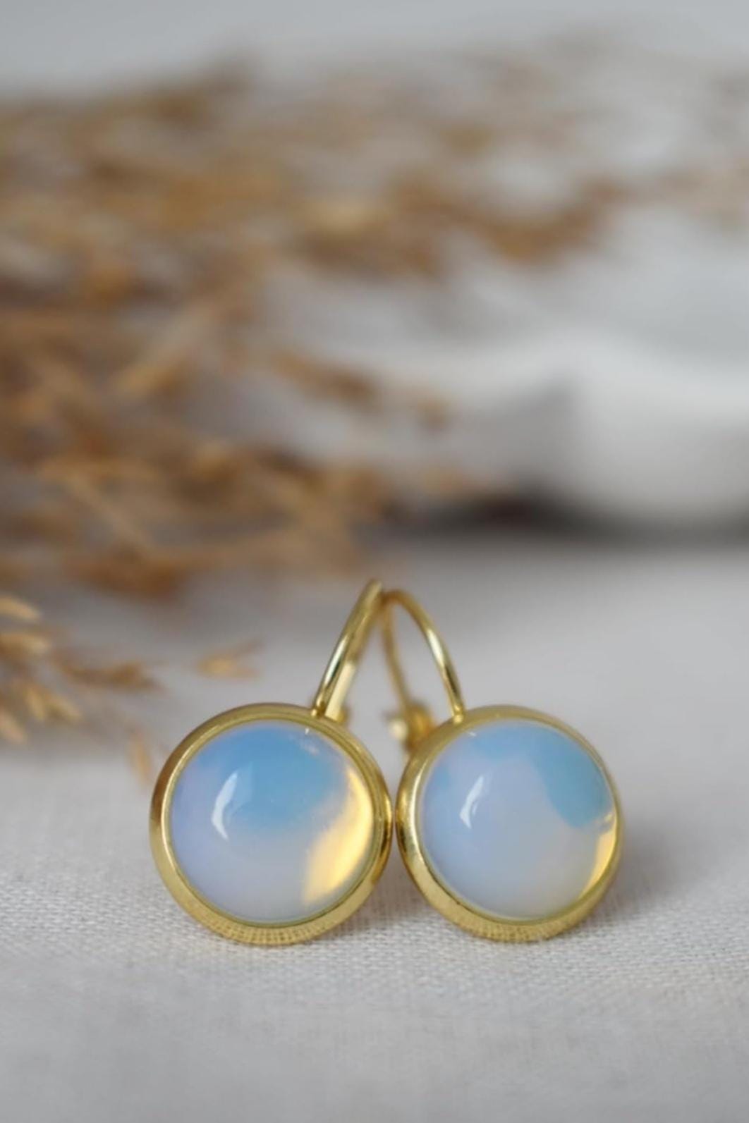 Opalite moonstone earrings, Rainbow gemstone dangle drop earrings, 18k gold plated stainless steel, Bridesmaid jewelry, Gift for her