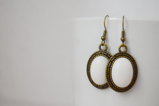 Vintage white jade dangle earrings, Gemstone drop earrings, Stone hanging earrings, Statement filigree earrings, Jewelry gift for women